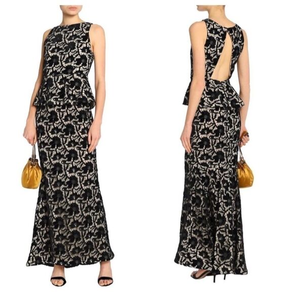 Alice + Olivia Jae Velvet Peplum Open Back Gown Black Beige - Picture 1 of 16